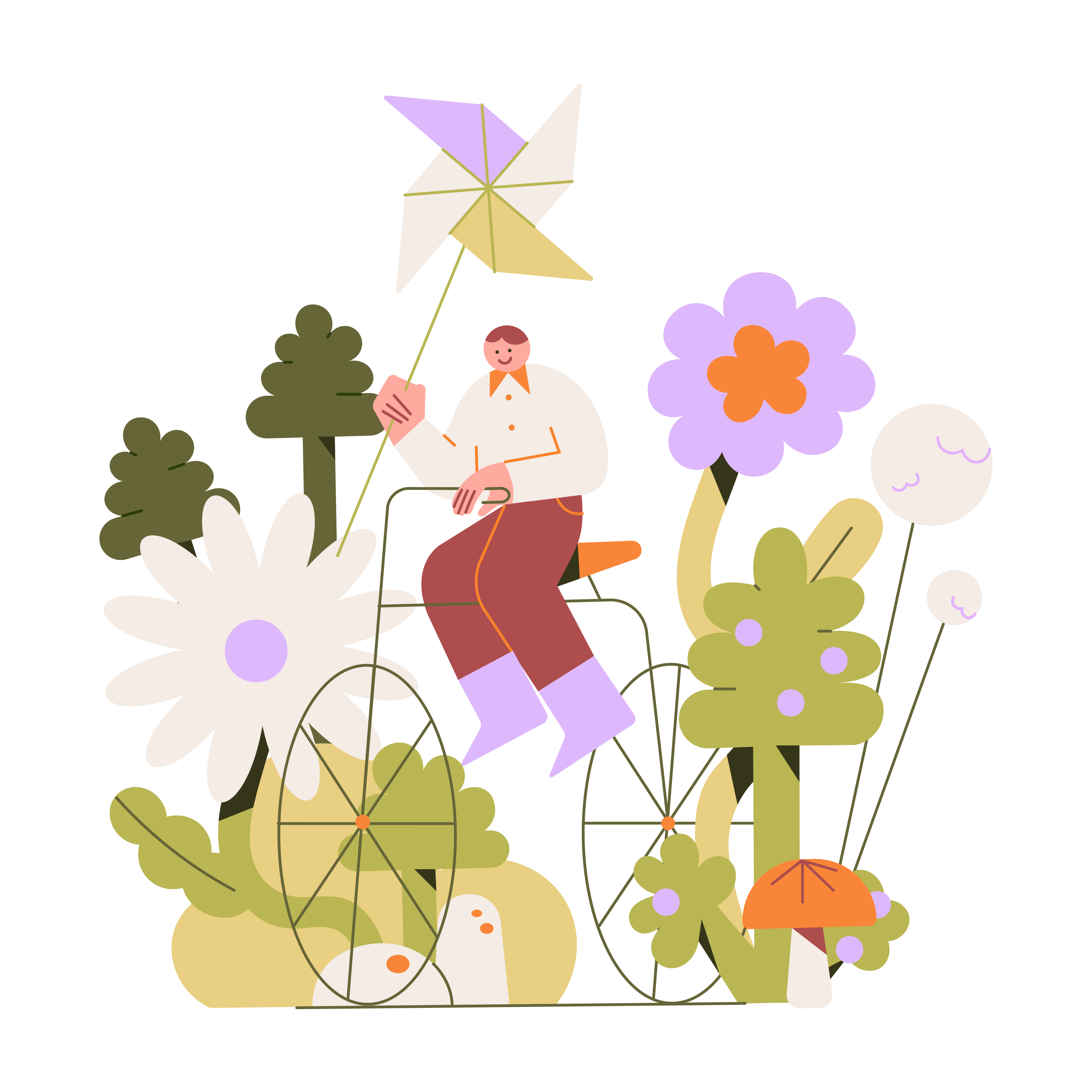 Illustration of a person on a bike holding a pinwheel and surrounded by plants and flowers