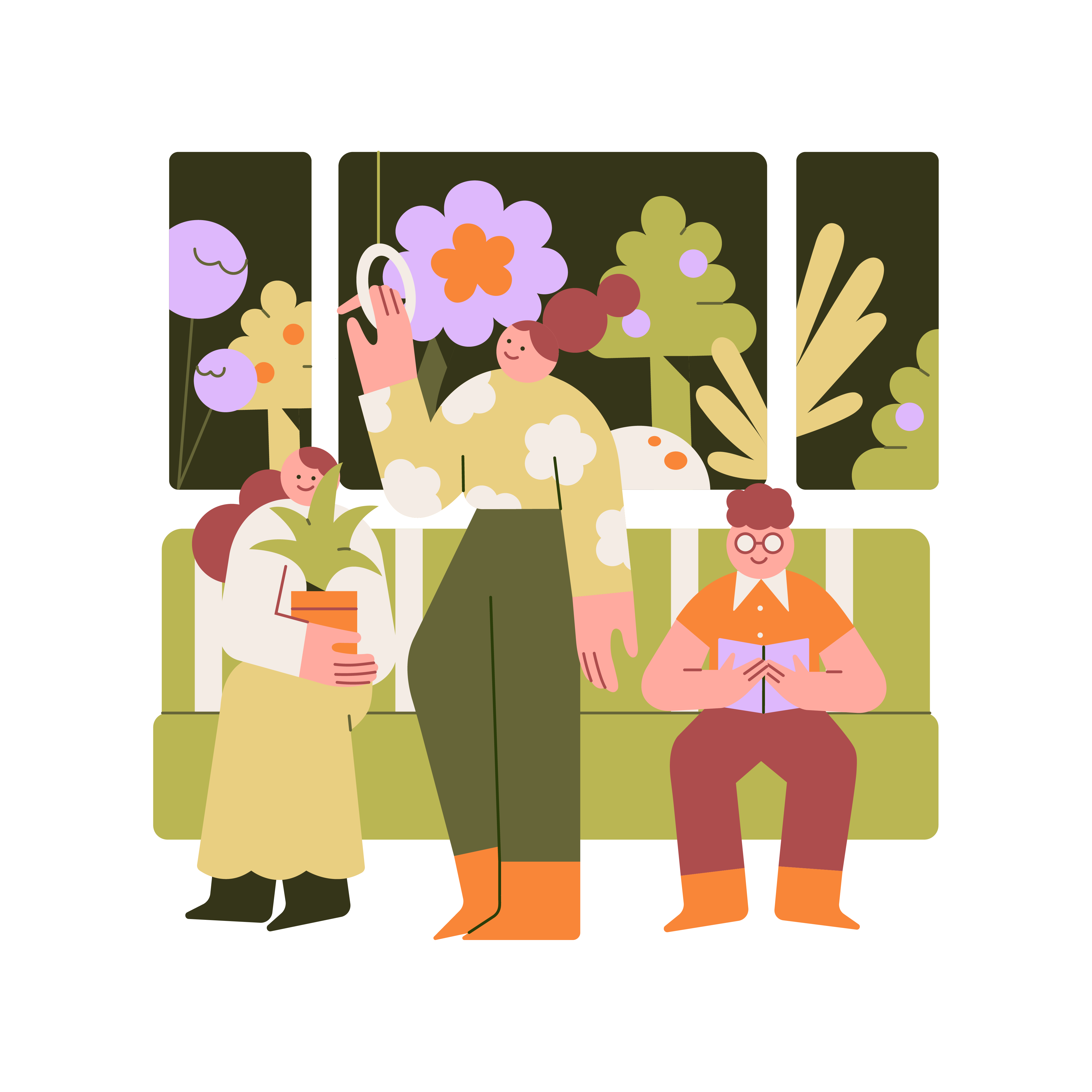 Illustration of three people on public transport with lots of plants shown through the window