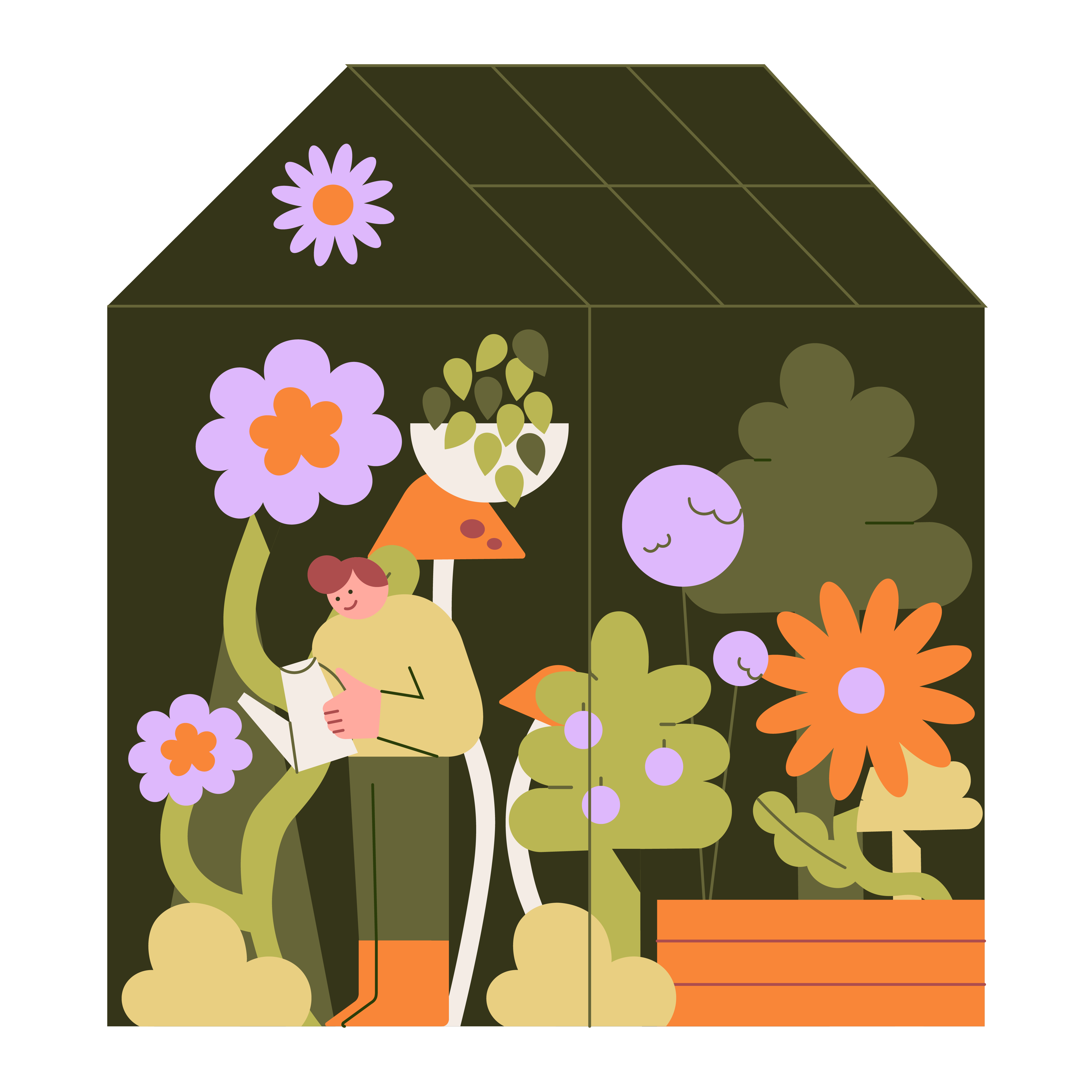 Illustration of a person in a greenhouse surrounded by plants and flowers