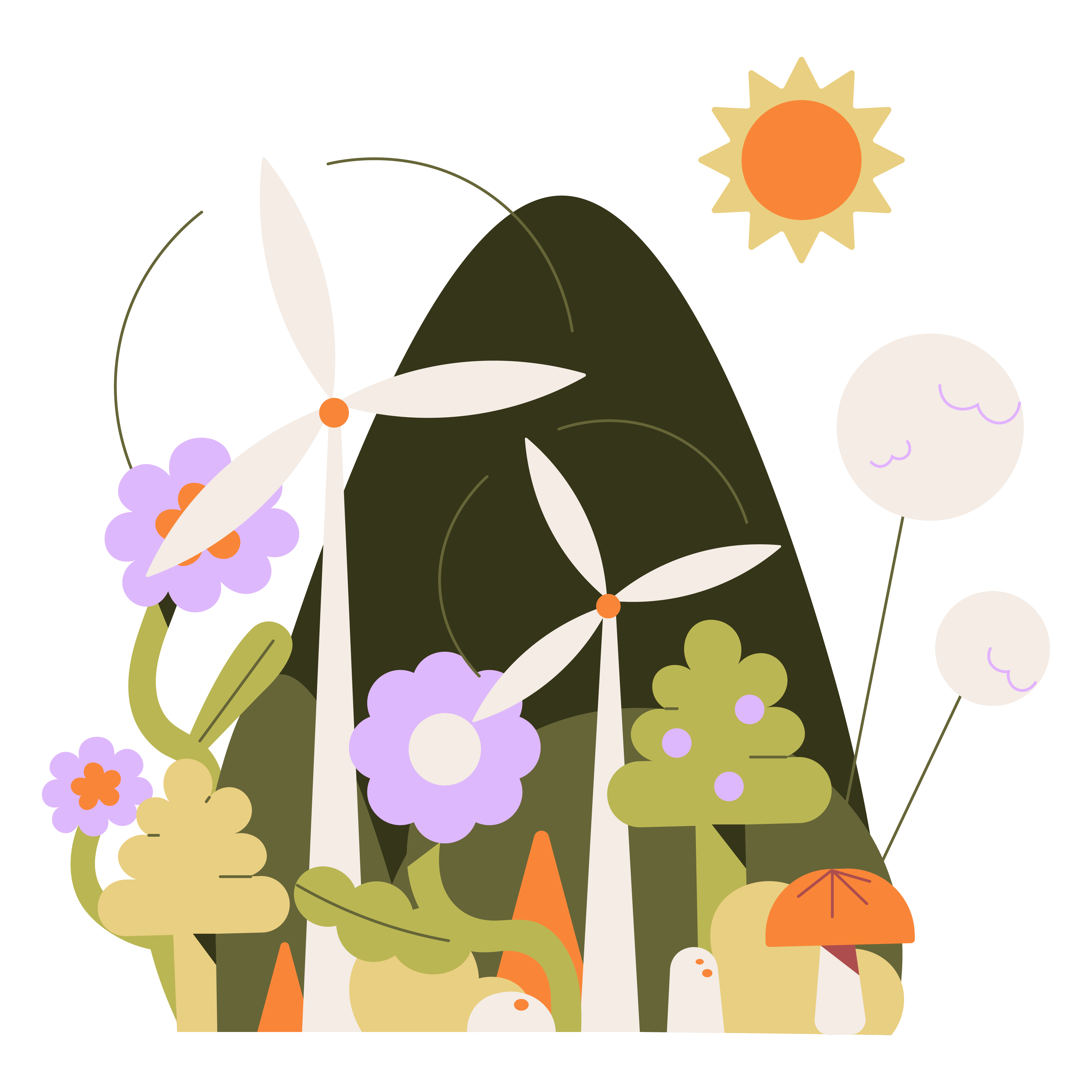 Ilustration of a mountain surrounded by plants, flowers, the sun, and two wind turbines