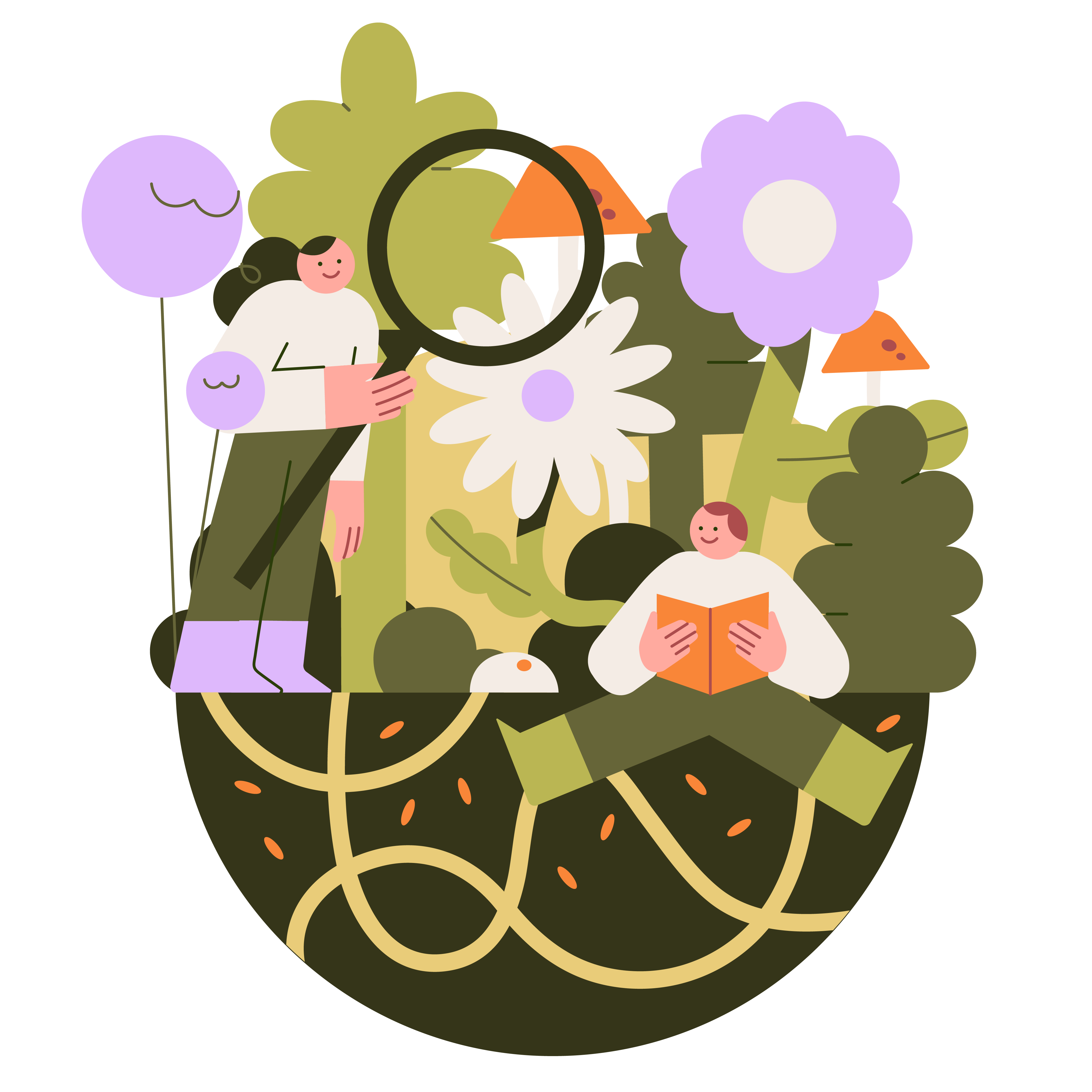 Illustration of two people surrounded by oversized flowers and plants